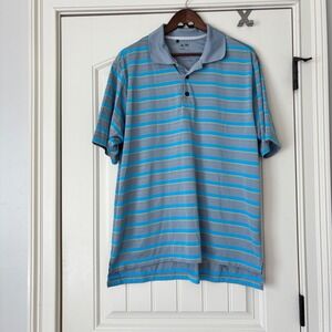 Adidas ClimaLite Mens Golf Polo Shirt Blue Gray Stripe Short Sleeve Size L